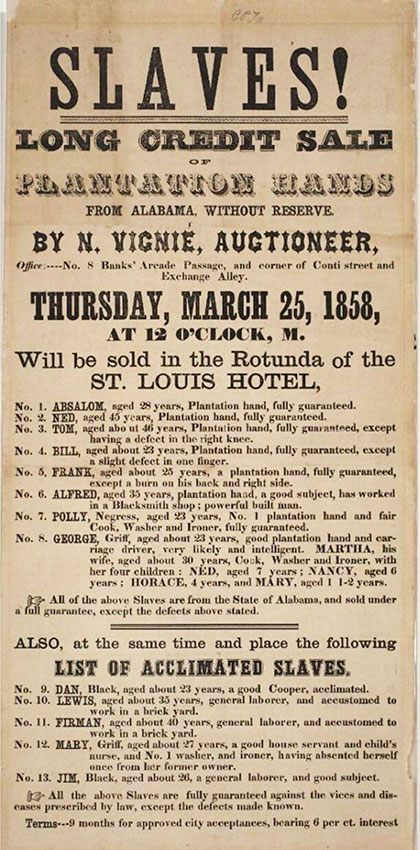 Реклама с аукциона по продаже рабов от 25 марта 1858 года, США....