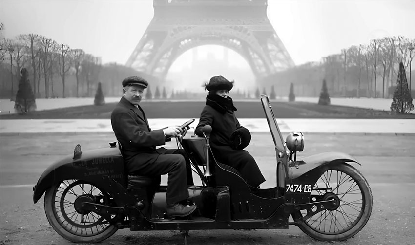 Двухколесный автомобиль на улице Лондона, 1914 год гирокар...