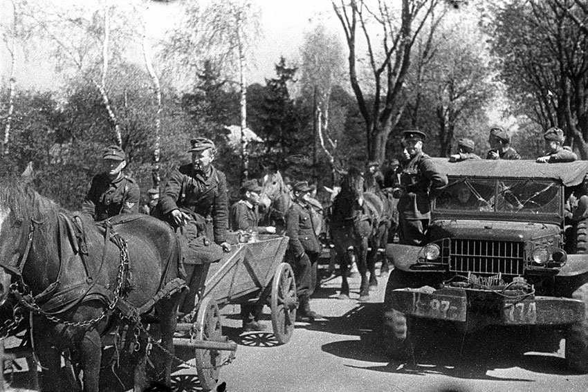 Пленные немецкие солдаты идут колонной по дороге. Справа...